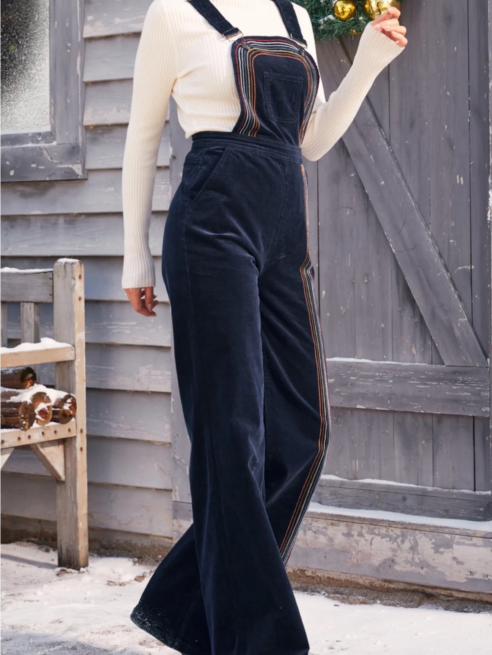 ModCloth Women's Navy Corduroy Wide-Leg Overalls with Rainbow Trim